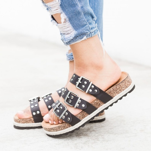 NEW BLACK STUDDED ESPADRILLE PLATFORM SLIDES - Picture 2 of 3